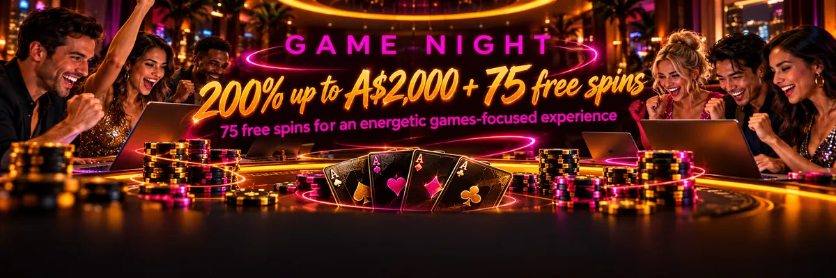 Overhead casino game scene with diverse people, playing cards, stacked chips, laptops and luminous circular orbit lines