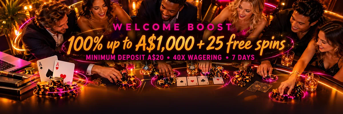 Diverse friends gathered around a glowing casino table with cards, stacked chips, a laptop and orange orbit lines